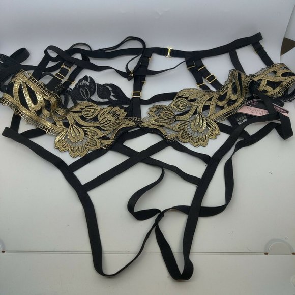 Victorias Secret Band of Lovers Gold Accents Caged Harness Panty Black - Picture 2 of 4